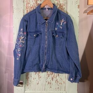 Women’s Passion-1 blue denim jacket with embroidered floral & hummingbird design